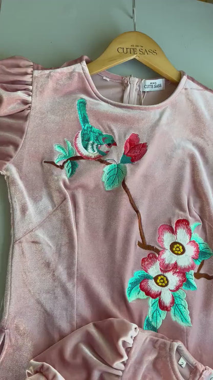 Mom and Daughter Light Pink Embroidery Velvet Ao Dai Top Only, NO PANTS