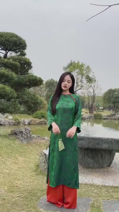Dark Green Tu Minh Pattern Silk with Buttons Ao Dai Set 12-13B