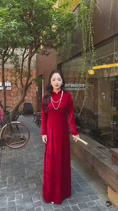 Red Velvet Plain High Collar Ao Dai Top Only, NO PANTS 45-46B