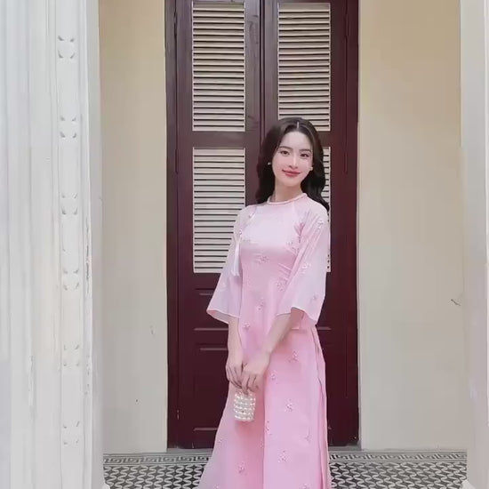 Pink Tassel Embroidery Roses Ao Dai Set 29A