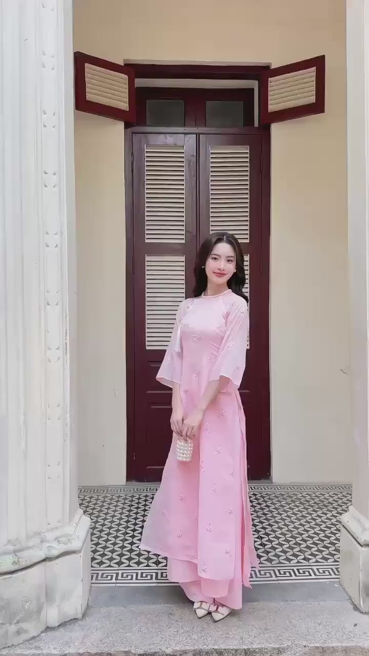 Pink Tassel Embroidery Roses Ao Dai Set 29A