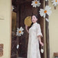 Cream/Beige Peter Pan Collar Floral Ao Dai Top Only, NO PANTS 45D