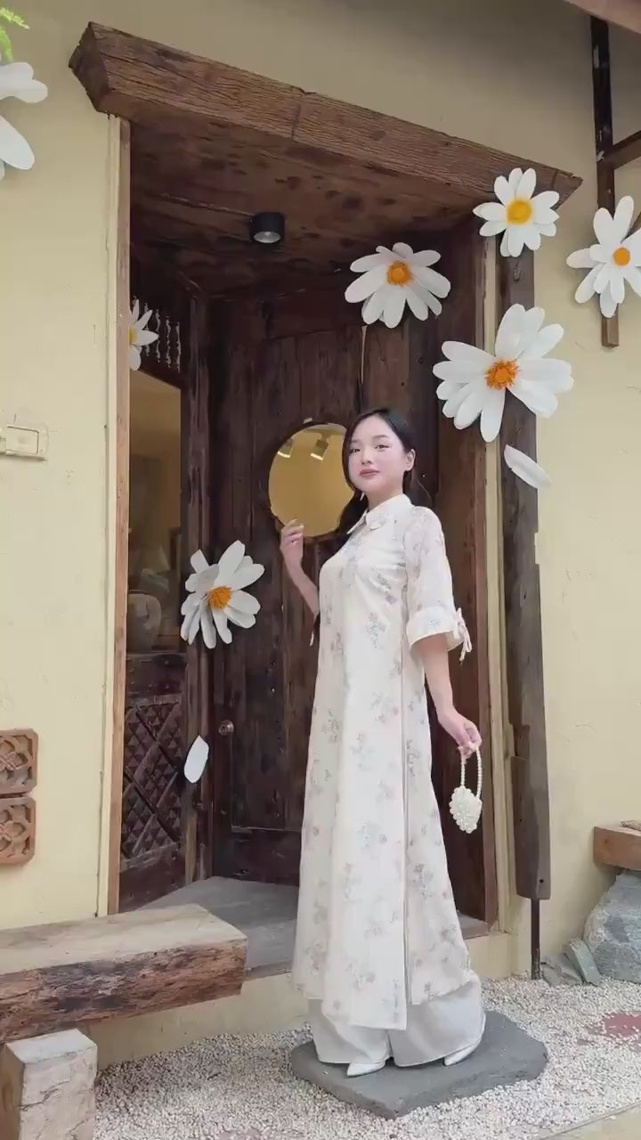 Cream/Beige Peter Pan Collar Floral Ao Dai Top Only, NO PANTS 45D
