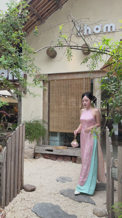 Pink Silk Sleveless Yem-Inspired Ao Dai Top Only, No Pants