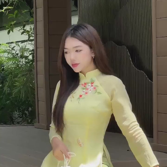 Lime Yellow Embroidery Linh Lan Ao Dai Set 25D