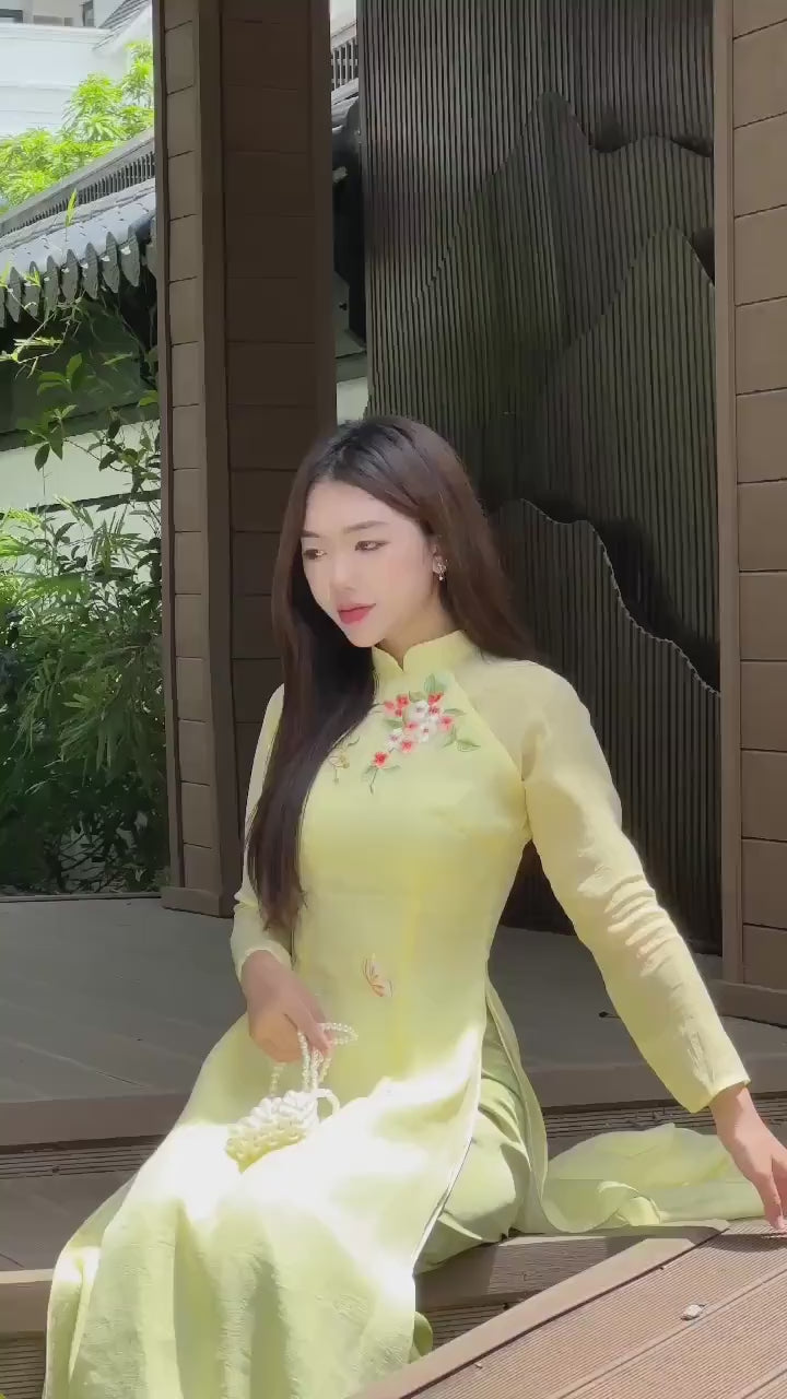 Lime Yellow Embroidery Linh Lan Ao Dai Set 25D