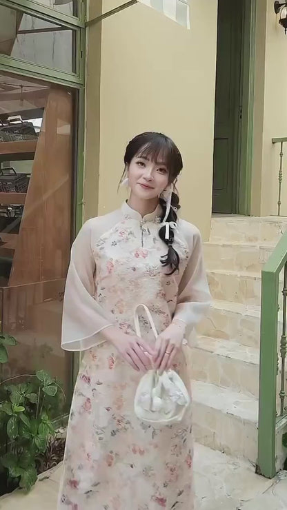 Cream Floral Pearls Ao Dai Set with Light Pink Pants 27C