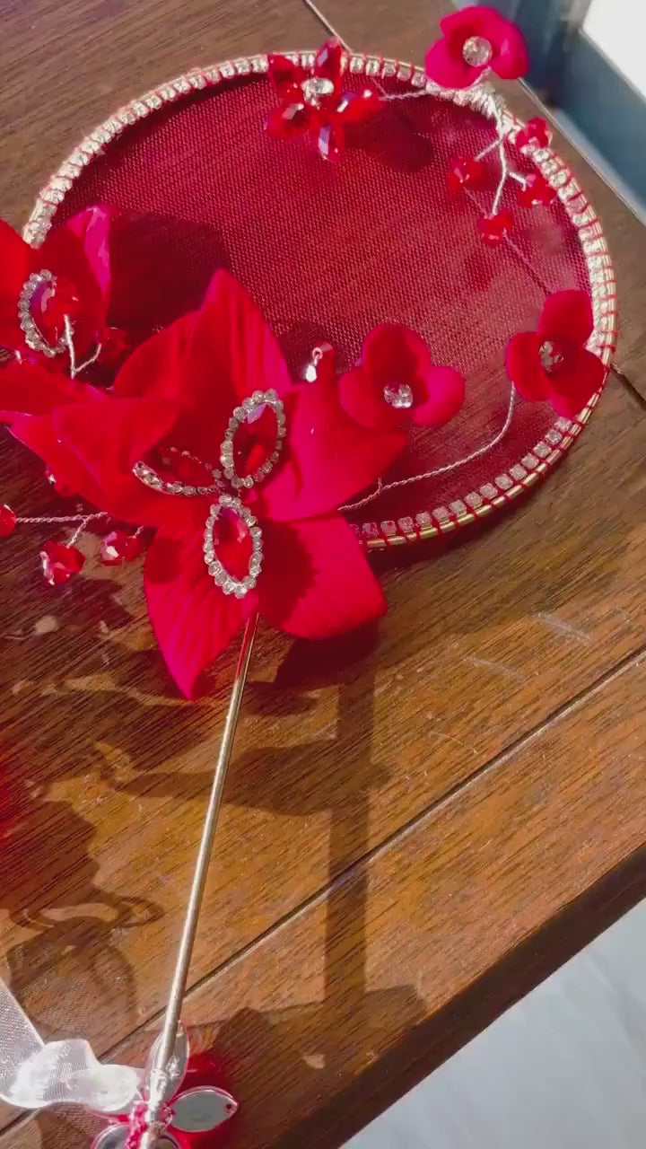 LUNA FLORA Red Jeweled Flowers Mini Fan #3