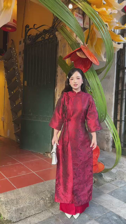 Linh Vy - Gender Fluid Maroon Wide Sleeve Shifted Ao Dai 3B