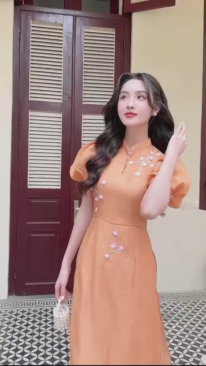 Huyen Mi - Burnt Orange Puffy Sleeves Ao Dai Set