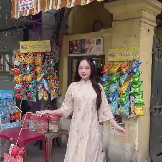 Cream/Beige Chiffon Vintage Floral Ao Dai Top Only, NO PANTS
