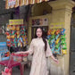 Cream/Beige Chiffon Vintage Floral Ao Dai Top Only, NO PANTS