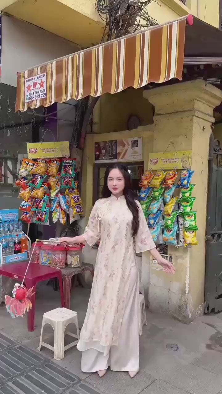 Cream/Beige Chiffon Vintage Floral Ao Dai Top Only, NO PANTS
