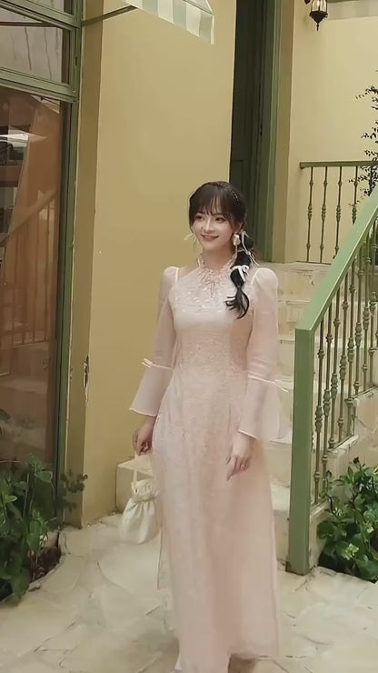 Pink Halter Bow Sleeves Ao Dai Top Only, No Pants