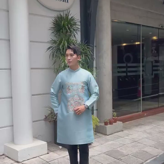 Men Light Blue Embroidered Clouds Ao Dai Gam Top 7A