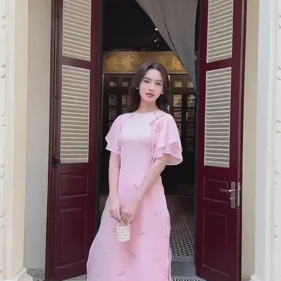 Pink Tulip Wing Sleeves Ao Dai Set 27C