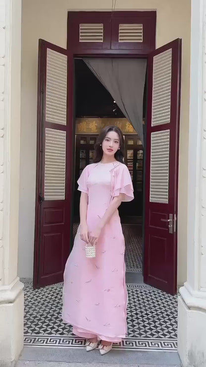 Pink Tulip Wing Sleeves Ao Dai Set 27C
