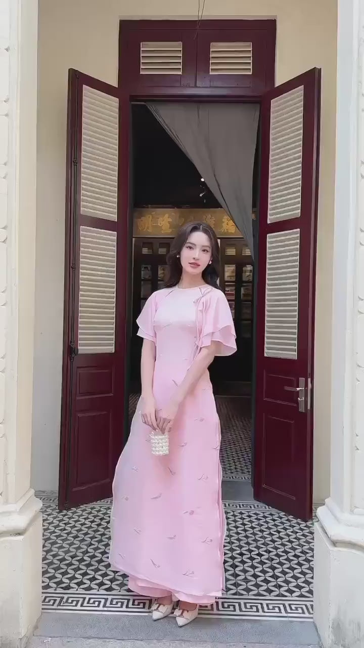 Pink Tulip Wing Sleeves Ao Dai Set 27C