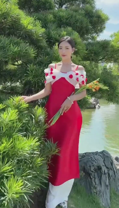 Red Off Shoulder Sparkle Ao Dai Set