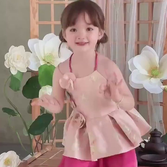 Girl Pink Gold 3D Orchid Yem Ao Dai Set with Skirt and Headband