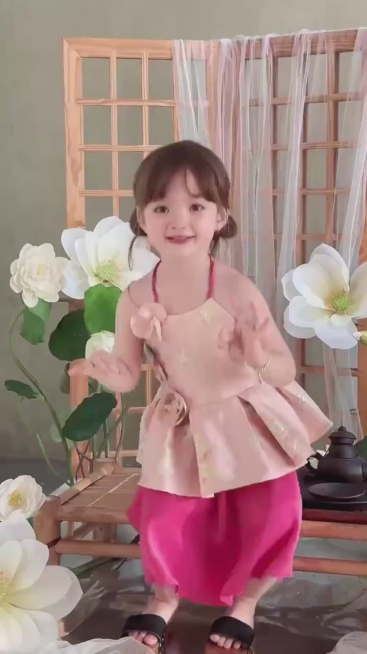 Girl Pink Gold 3D Orchid Yem Ao Dai Set with Skirt and Headband