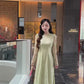 Linh Vy - Green Lace Round Collar Puffy Sleeves Ao Dai Top Only, No Pants