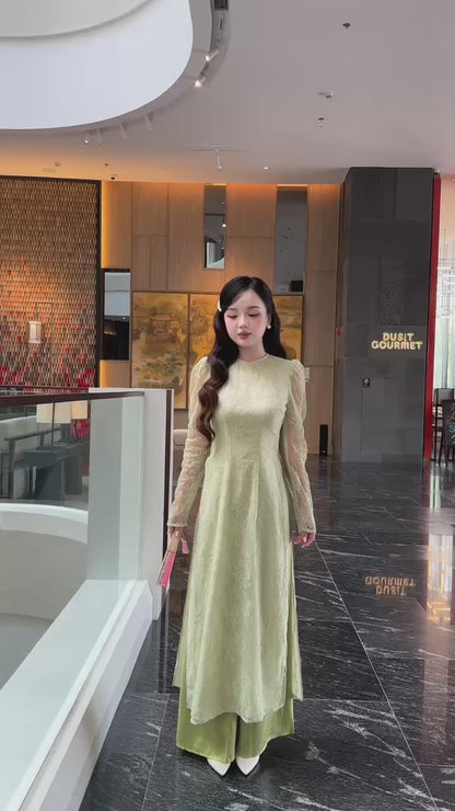 Linh Vy - Green Lace Round Collar Puffy Sleeves Ao Dai Top Only, No Pants 22A