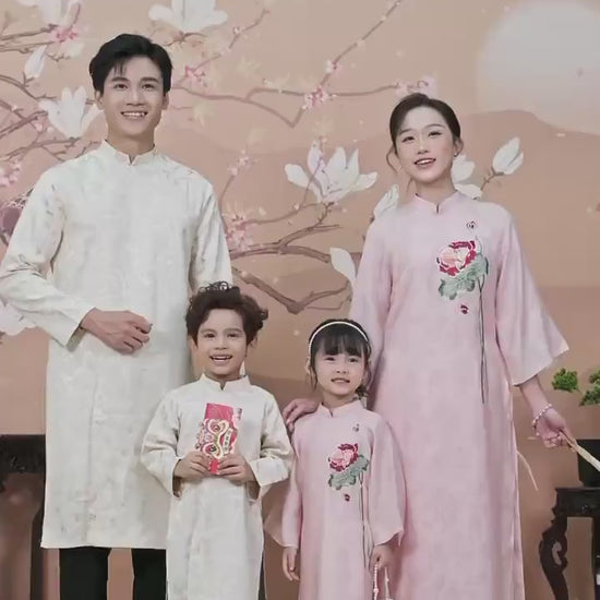 Nhu Y - Family Pink/Cream Lotus Embroidery Matching Ao Dai Set