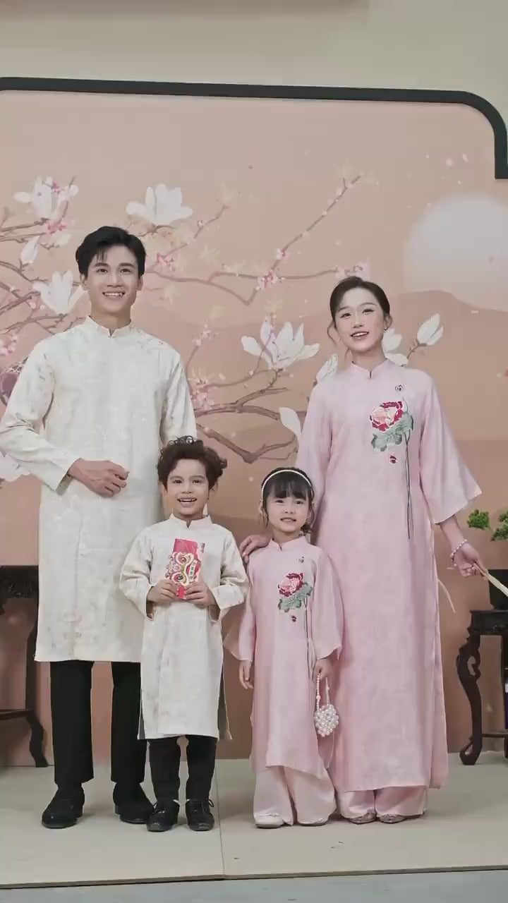 Nhu Y - Family Pink/Cream Lotus Embroidery Matching Ao Dai Set