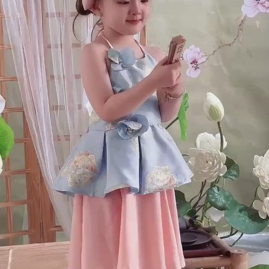 Girl Blue Gold 3D Orchid Yem Ao Dai Set with Skirt and Headband
