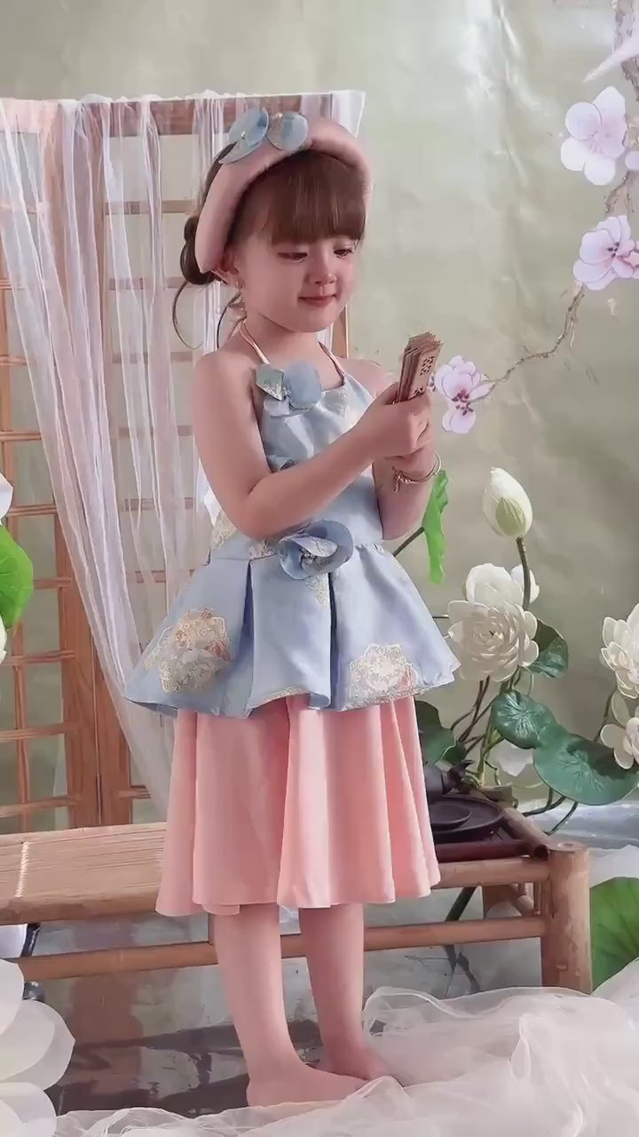 Girl Blue Gold 3D Orchid Yem Ao Dai Set with Skirt and Headband
