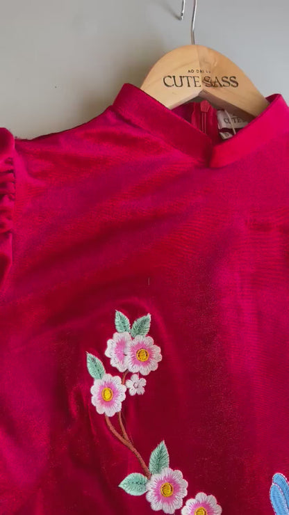 Mom and Daughter Red Velvet Embroidery Ao Dai Top Only, NO PANTS