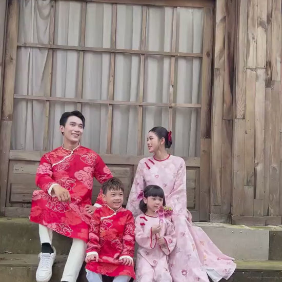 Gia Hòa - Family Pink/Red Bamboo Printed Ao Dai Set