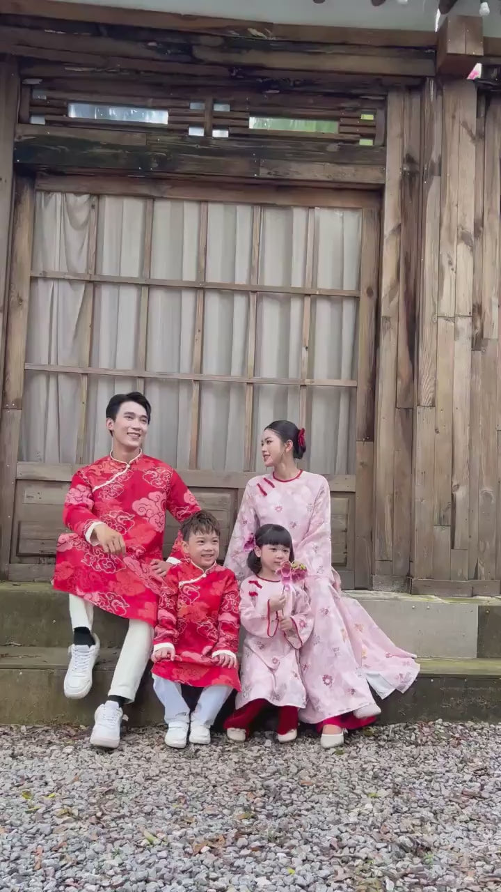 Gia Hòa - Family Pink/Red Bamboo Printed Ao Dai Set