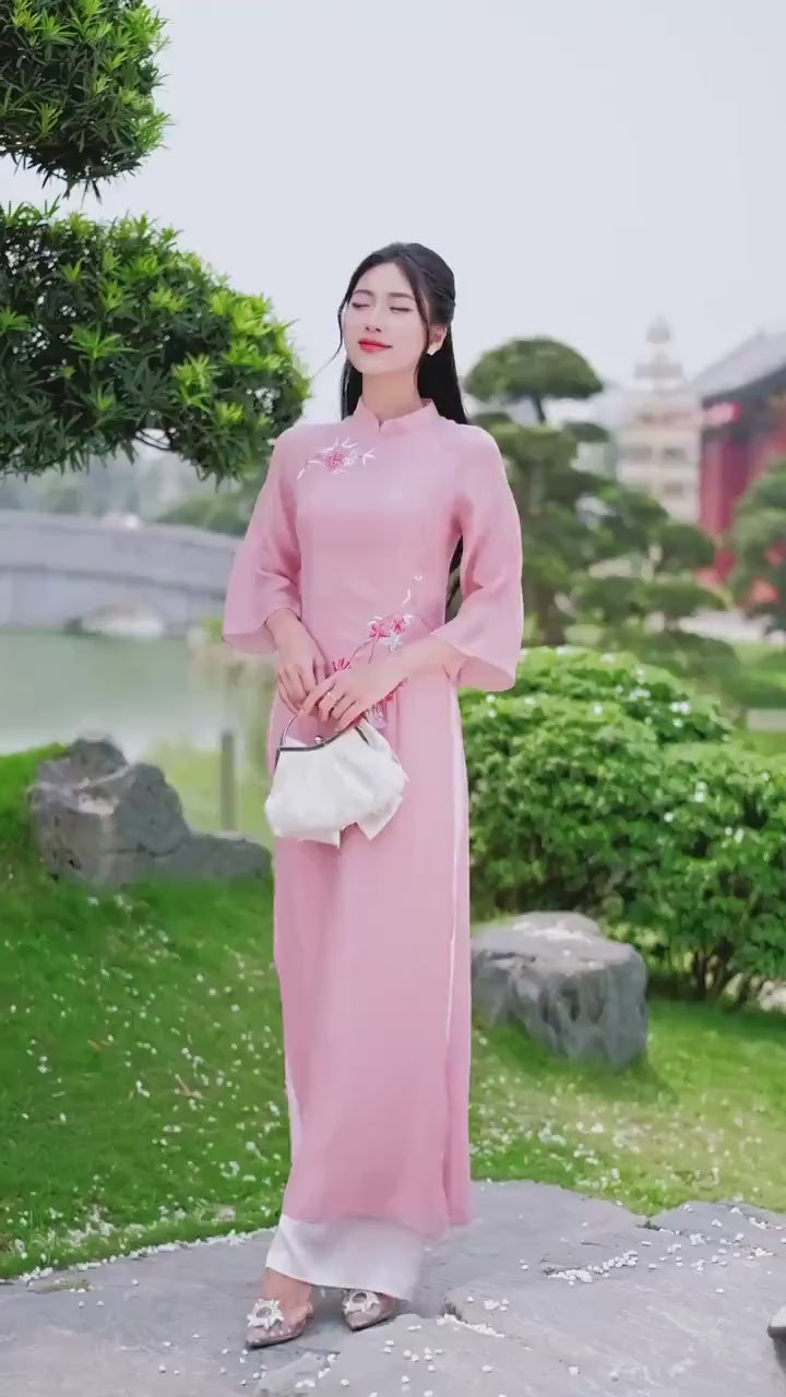 Light Pink Embroidery Chiffon Ao Dai Set