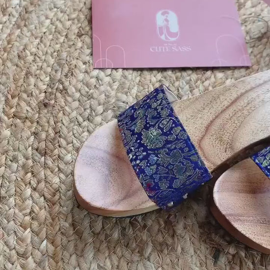 Blue Patterned Guoc Moc - Women Wooden Heels