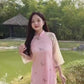 Pink Sakura Pearls with Sheer Sleeves Ao Dai Top Only, NO PANTS