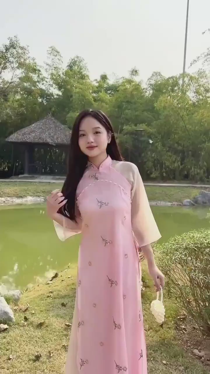 Pink Sakura Pearls with Sheer Sleeves Ao Dai Top Only, NO PANTS