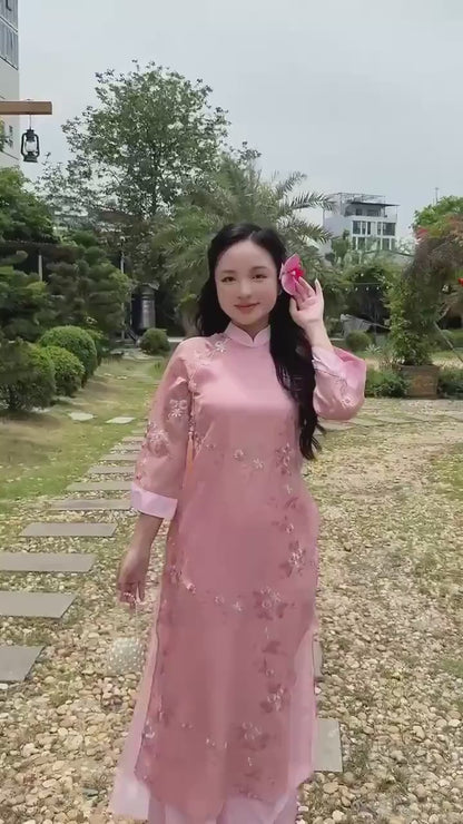 Shifted Pink Embroidery Chiffon with Clover Tassel Ao Dai Top Only, No Pants 8A