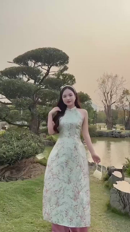 Yen - Sapphire Sakura Yem-Inspired Ao Dai Top Only, No Pants