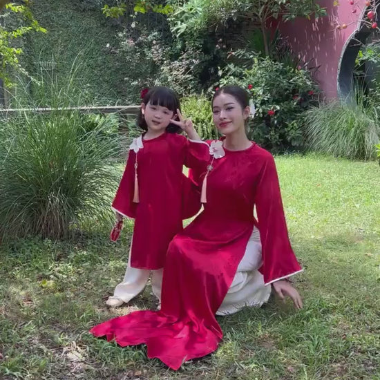 Gia Hòa - Mom and Daughter Red with Hibiscus Flower Pin Ao Dai Set