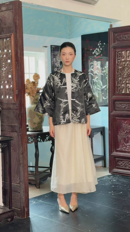 Khảm - Gender Fluid Black Silver Wide Sleeve Coat Top Only, No Pants