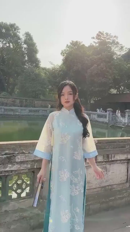 Shifted Blue Embroidery Chiffon with Flower Pearl Ao Dai Set