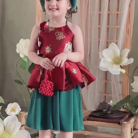 Girl Red Gold 3D Orchid Yem Ao Dai Set with Skirt and Headband