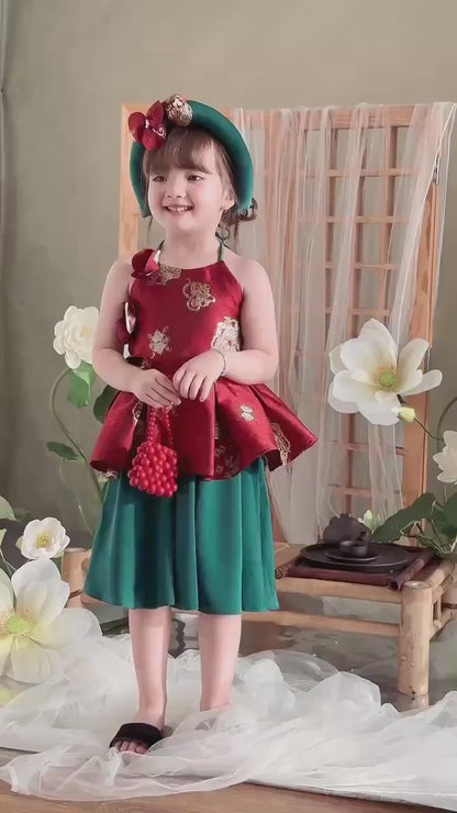 Girl Red Gold 3D Orchid Yem Ao Dai Set with Skirt and Headband