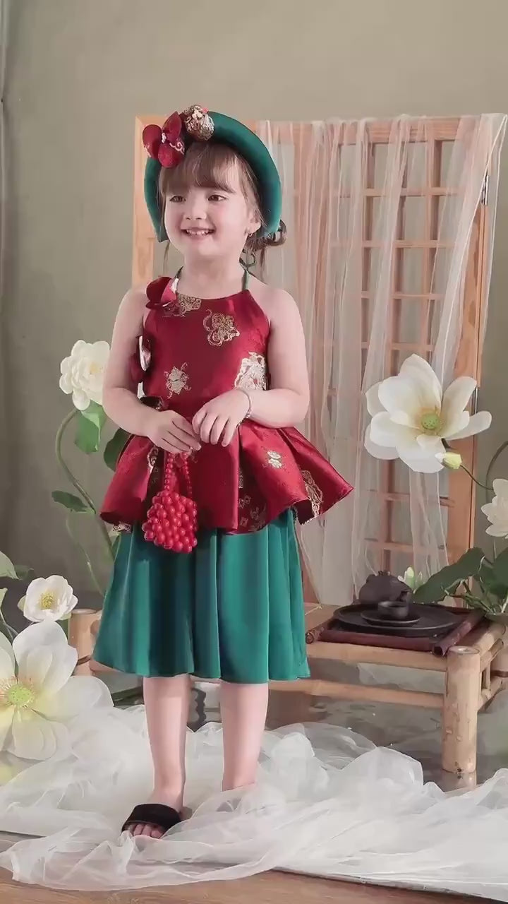 Girl Red Gold 3D Orchid Yem Ao Dai Set with Skirt and Headband