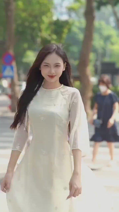 Cream Tassel Embroidery Roses Ao Dai Set 29A