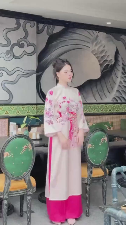Yen Oanh - Cream Printed Peacock Ao Dai Set 21C