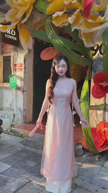 Linh Vy - Muse Light Pink Sleeveless Ao Dai Top Only and Shoulder Strings, No Pants 12C