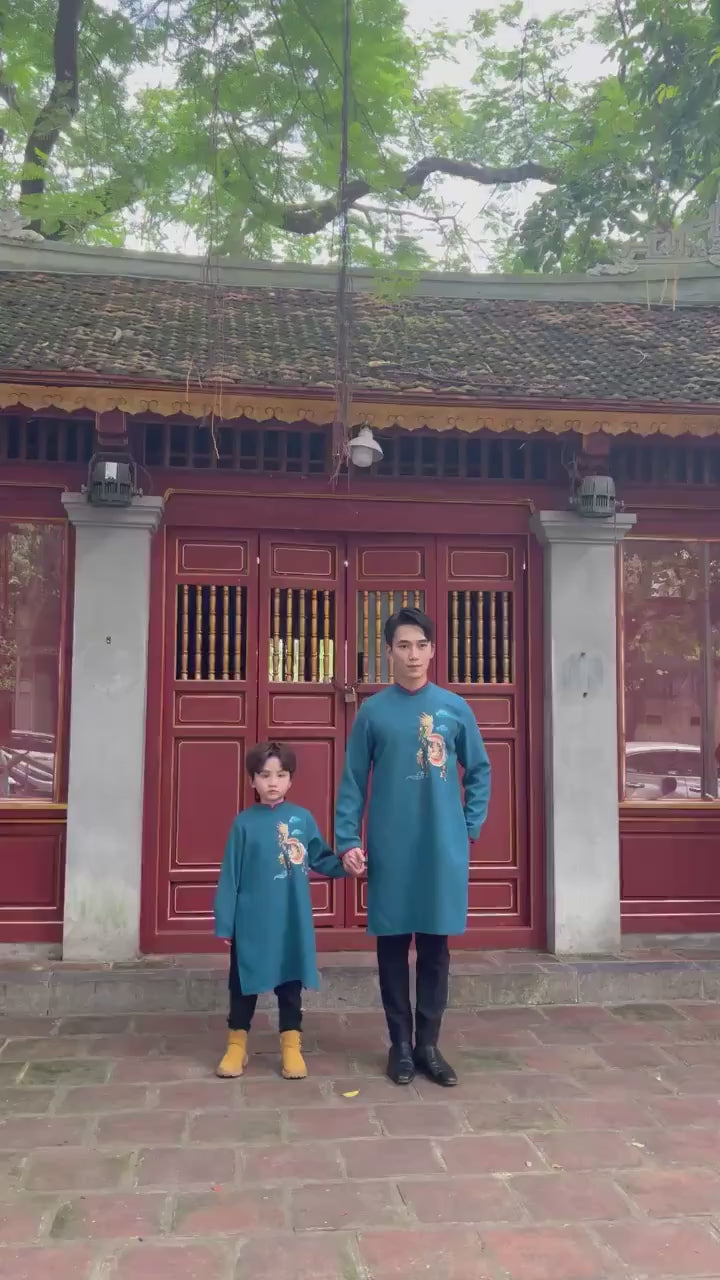 Cat Tuong - Dad and Boy Prussian Blue Dragon Matching Ao Dai